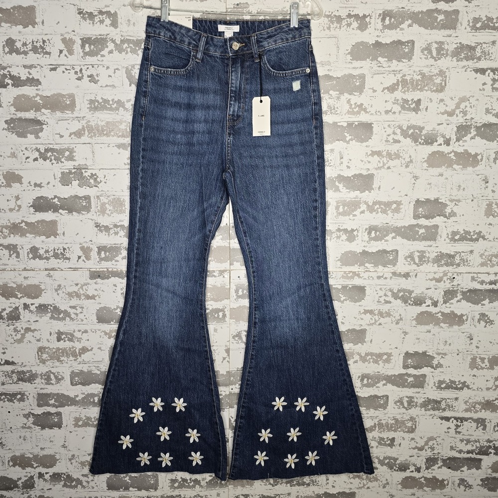 Forever 21 Womens Jeans‎ 27 High Rise Slim Fit Flare Leg Embroidered Blue Boho
